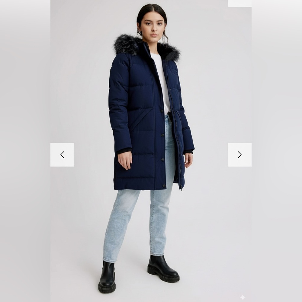 Women's Navy Quilted Ski Puffer Coat with Faux-Fur Trim Hood